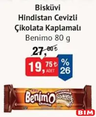 ETİ BENİMO BİSKÜVİ HİNDİSTAN CEVİZLİ ÇİKOLATA KAPLAMALI 80 G ETİ BENİMO BİSKÜVİ HİNDİSTAN CEVİZLİ ÇİKOLATA KAPLAMALI 80 G